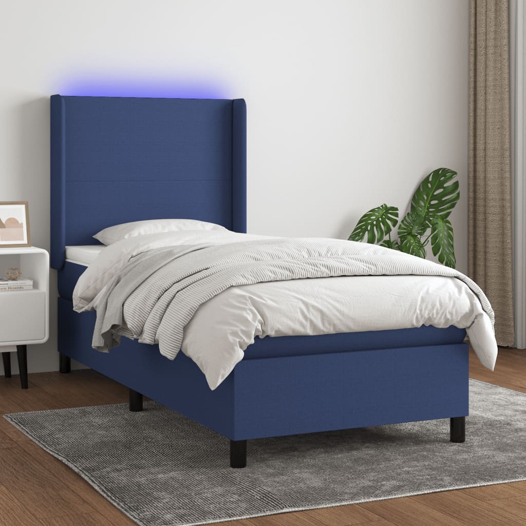 Box spring postel s matrací a LED modrá 90x190 cm textil