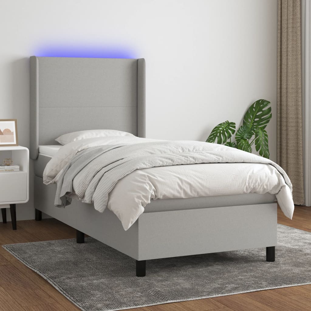 vidaXL Boxspringbett mit Matratze & LED Hellgrau 90x200 cm Stoff