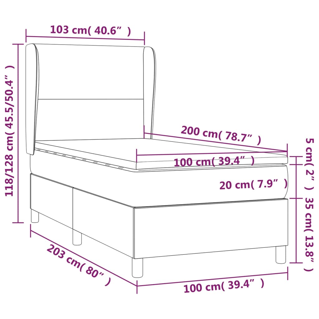 Pat cu arcuri, saltea și LED, gri închis, 100x200 cm, textil