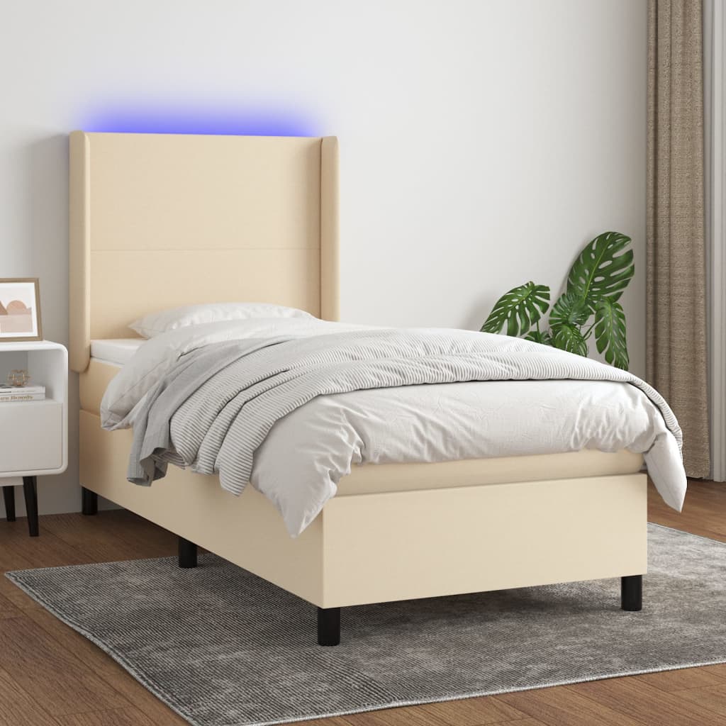 Krémszínű szövet rugós és LED-es ágy matraccal 100x200 cm 