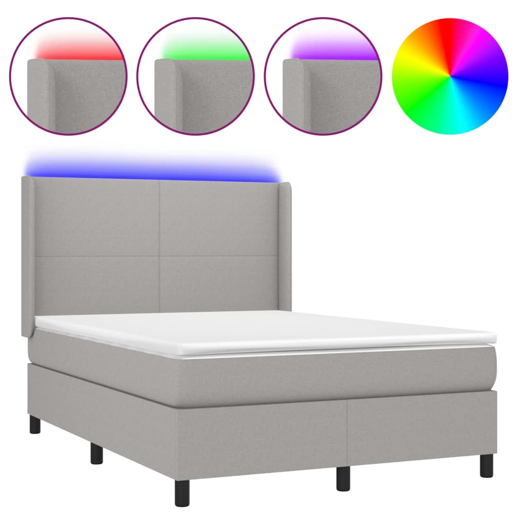 vidaXL Box spring postelja z vzmetnico LED svetlo siva 140x190cm blago