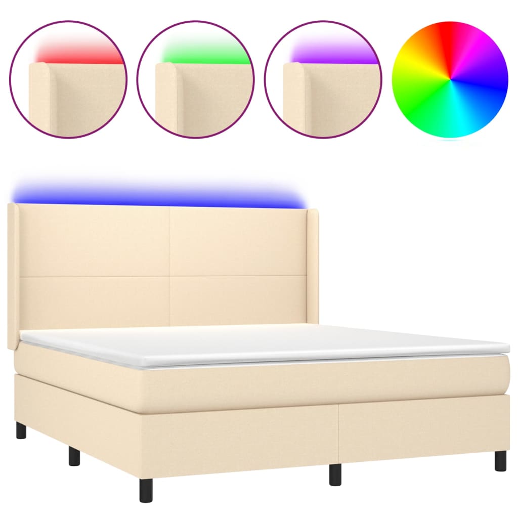 vidaXL Box spring postelja z vzmetnico LED krem 160x200 cm blago