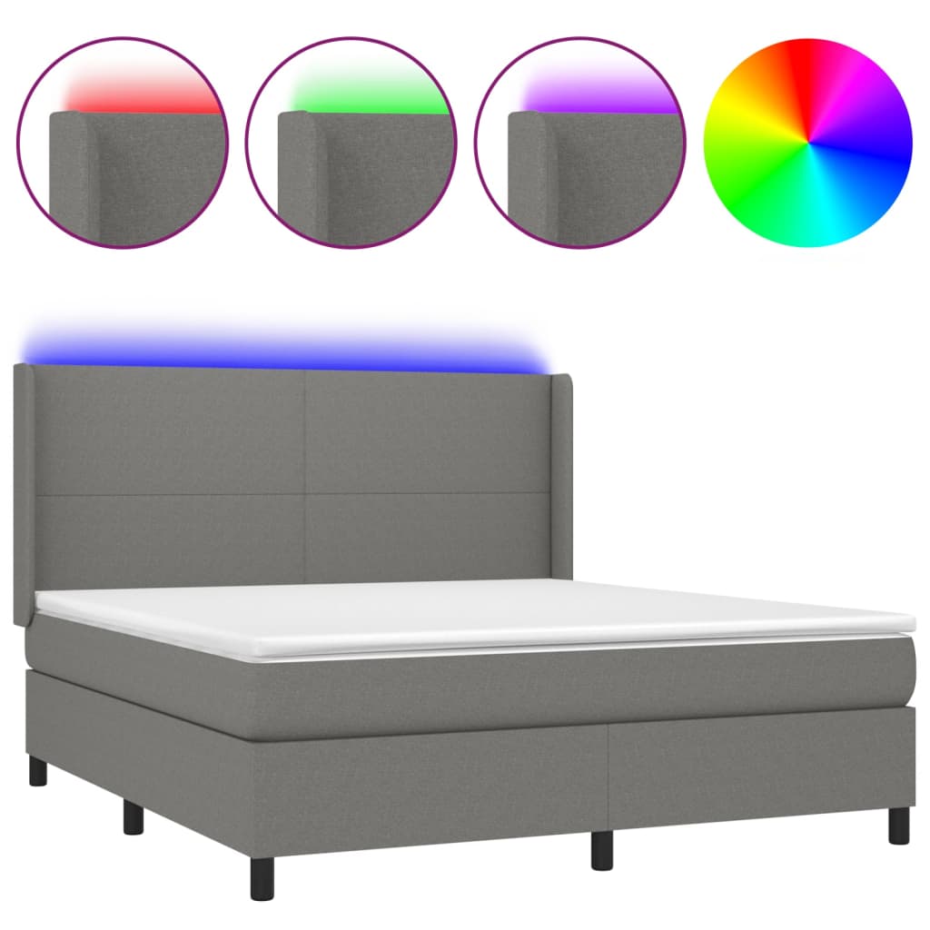 vidaXL Box spring postelja z vzmetnico LED temno siva 180x200 cm blago