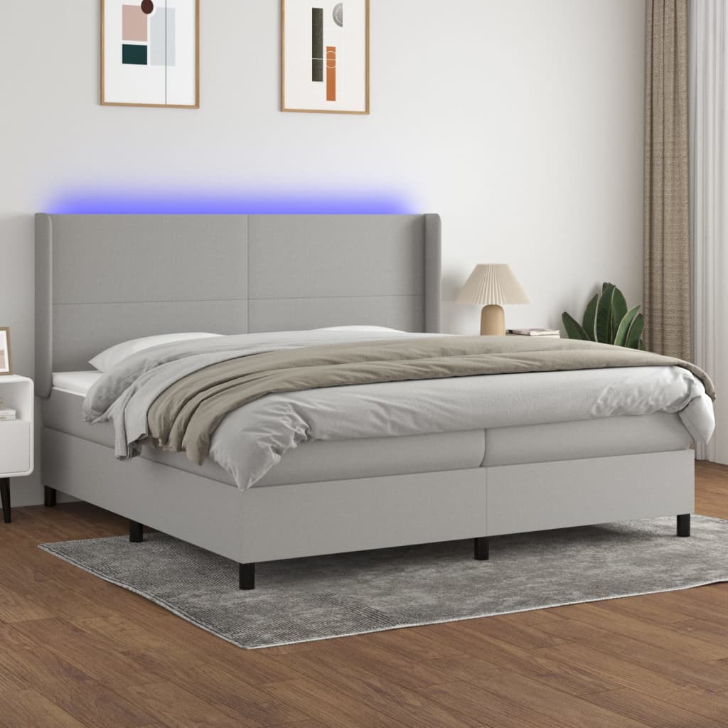 Box spring postel s matrací a LED světle šedá 200x200 cm textil