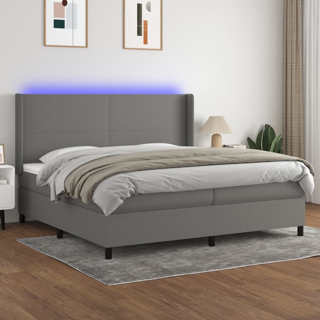 vidaXL Box spring postel s matrací a LED tmavě šedá 200x200 cm textil