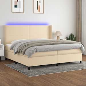 Box spring postel s matrací a LED krémová 200x200 cm textil - obrázek 1