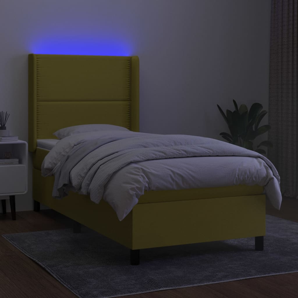 Zöld szövet rugós és LED-es ágy matraccal 90x190 cm 