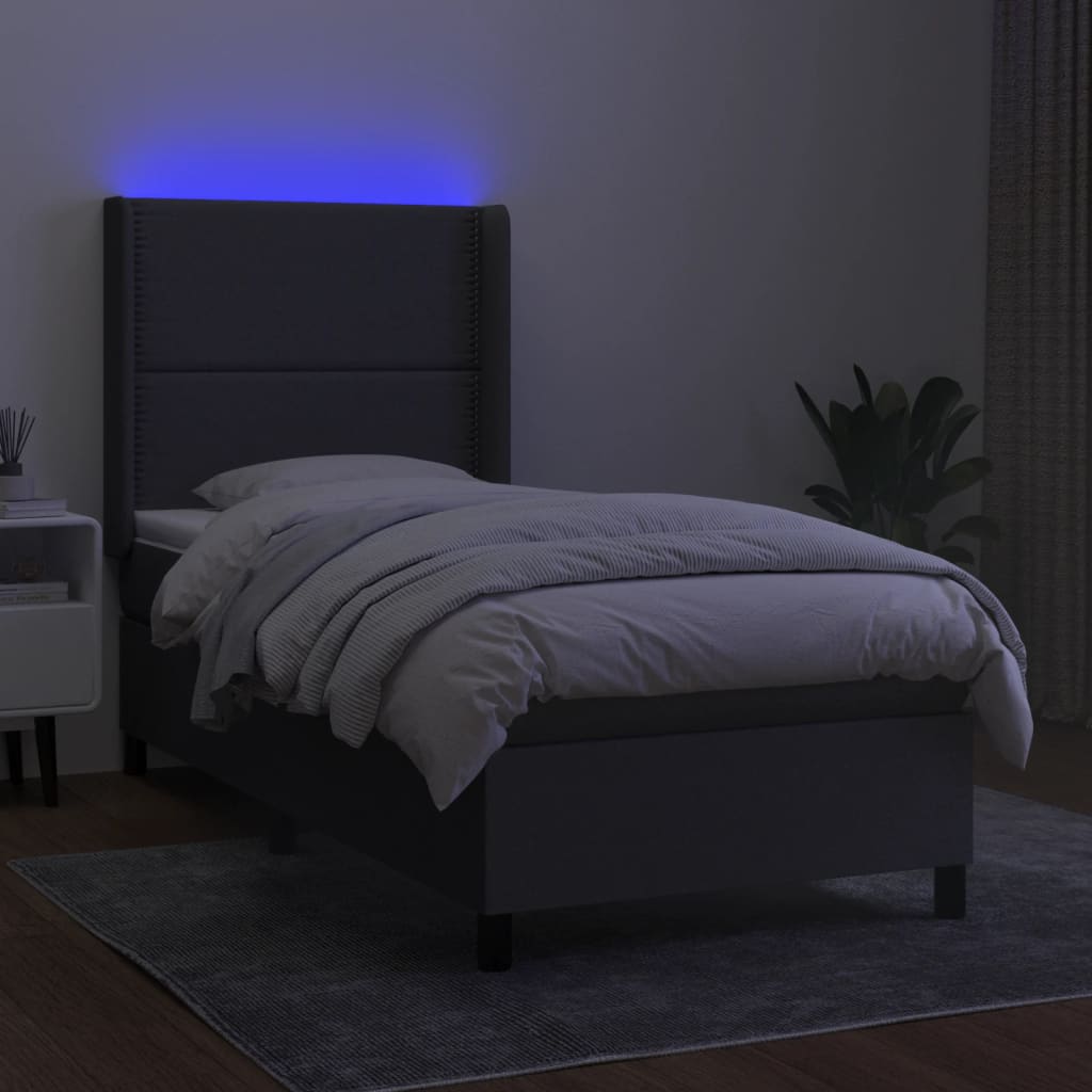 Sötétszürke szövet rugós és LED-es ágy matraccal 90x200 cm 