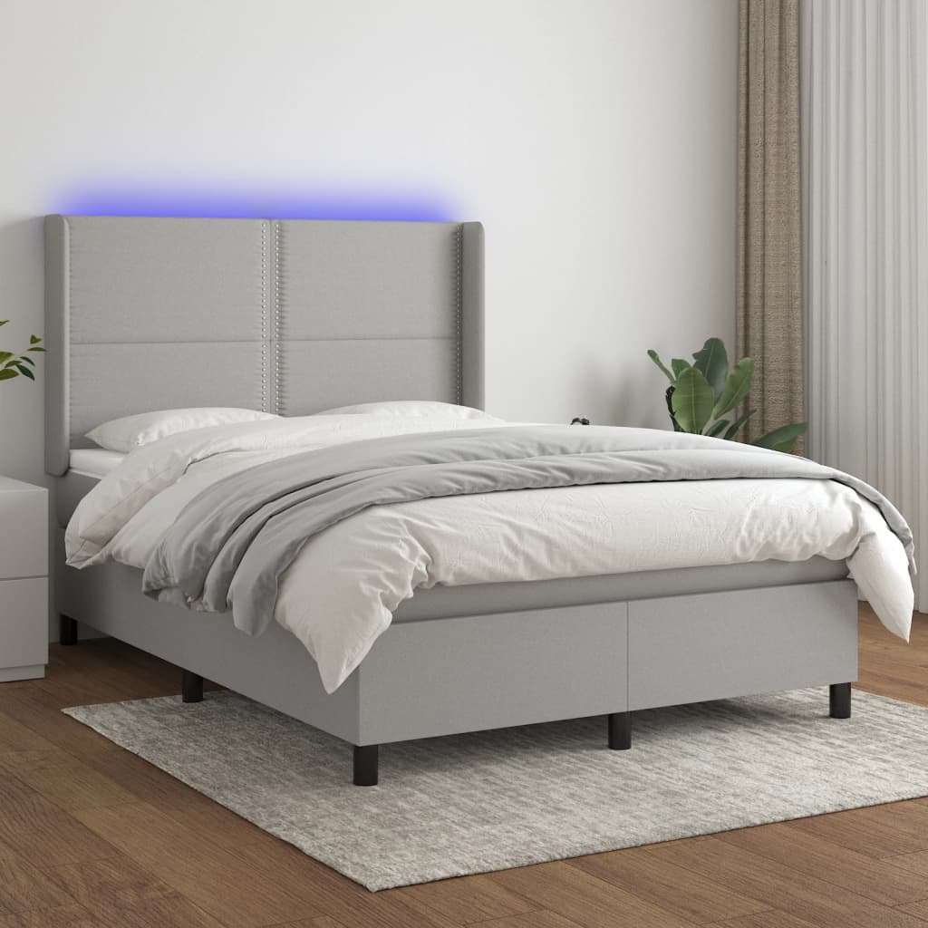 vidaXL Boxspringbett mit Matratze & LED Hellgrau 140x200 cm Stoff