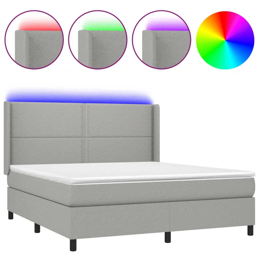 vidaXL Box spring postelja z vzmetnico LED sv. siva 180x200 cm blago