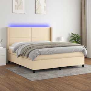 Box spring postel s matrací a LED krémová 180x200 cm textil - obrázek 1