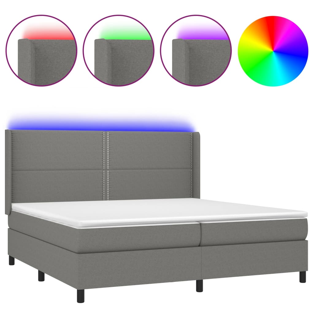 Box spring postelja z vzmetnico LED temno siva 200x200 cm blago