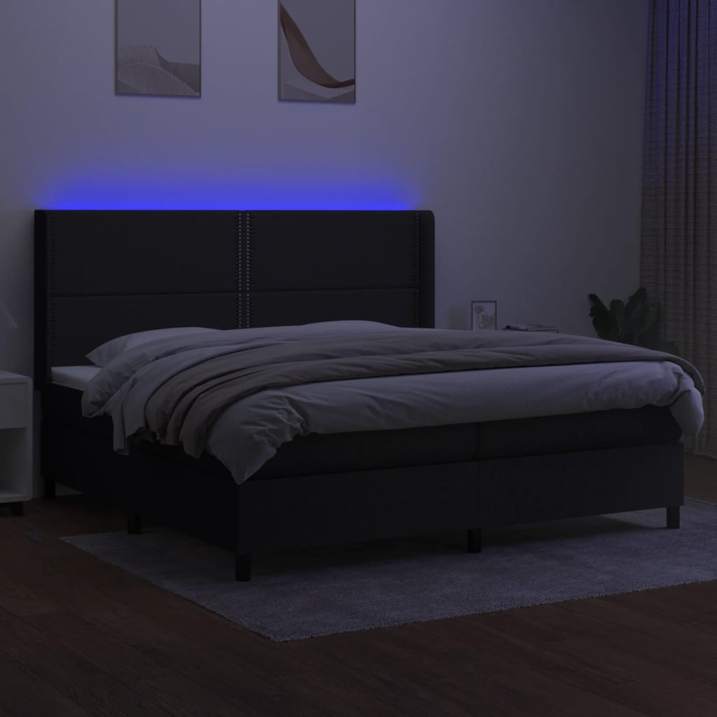 Box spring postelja z vzmetnico LED črna 200x200 cm blago