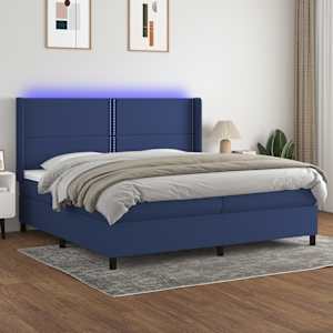 Box spring postelja z vzmetnico LED modra 200x200 cm blago