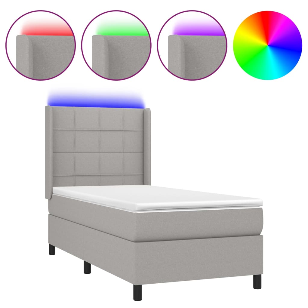 Box spring postel s matrací a LED světle šedá 90x200 cm textil