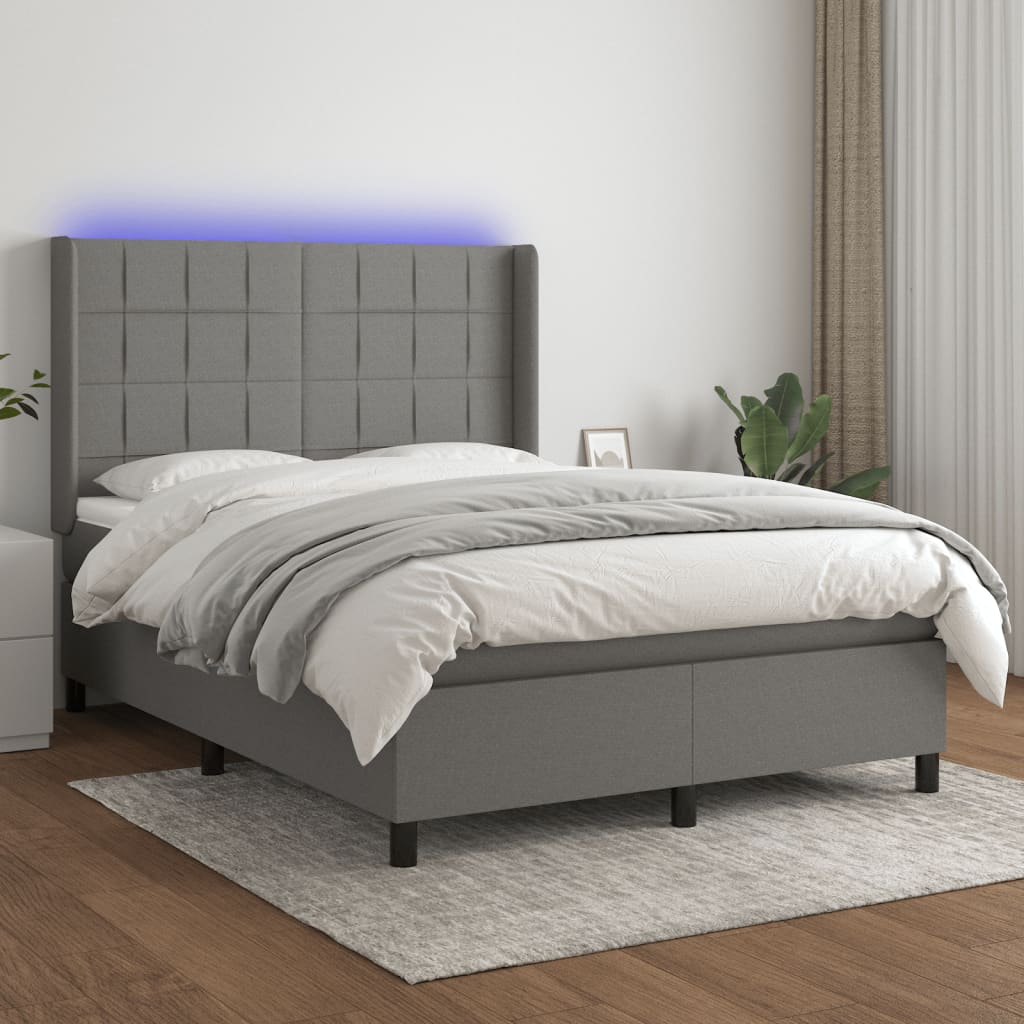 Box spring postel s matrací a LED tmavě šedá 140x190 cm textil