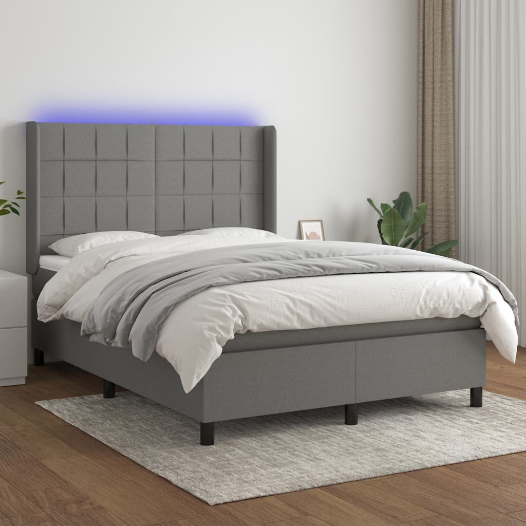 Sommier tapissier et matelas et LED Gris foncé 140x200 cm Tissu