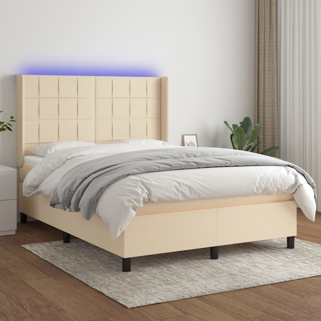 Sommier tapissier avec matelas et LED Crème 140x200 cm Tissu