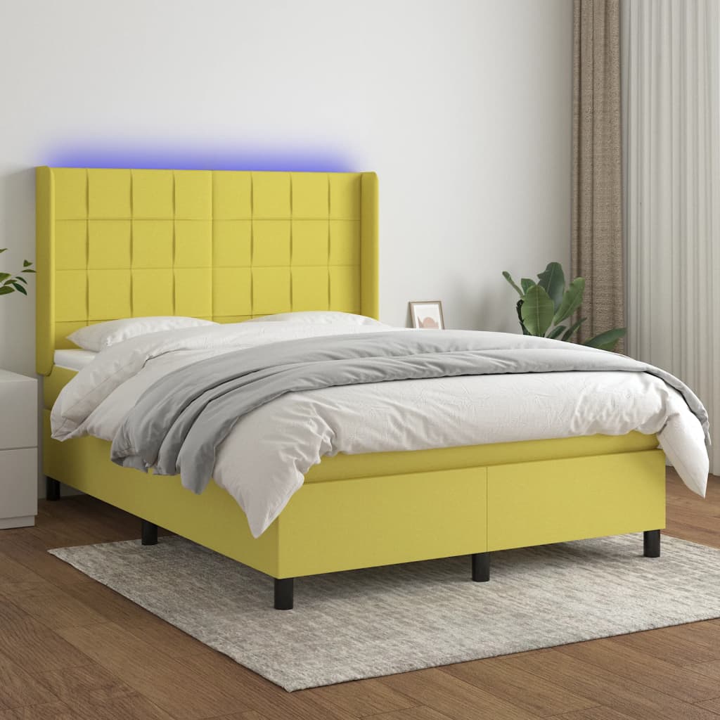 Box spring postel s matrací a LED zelená 140x200 cm textil