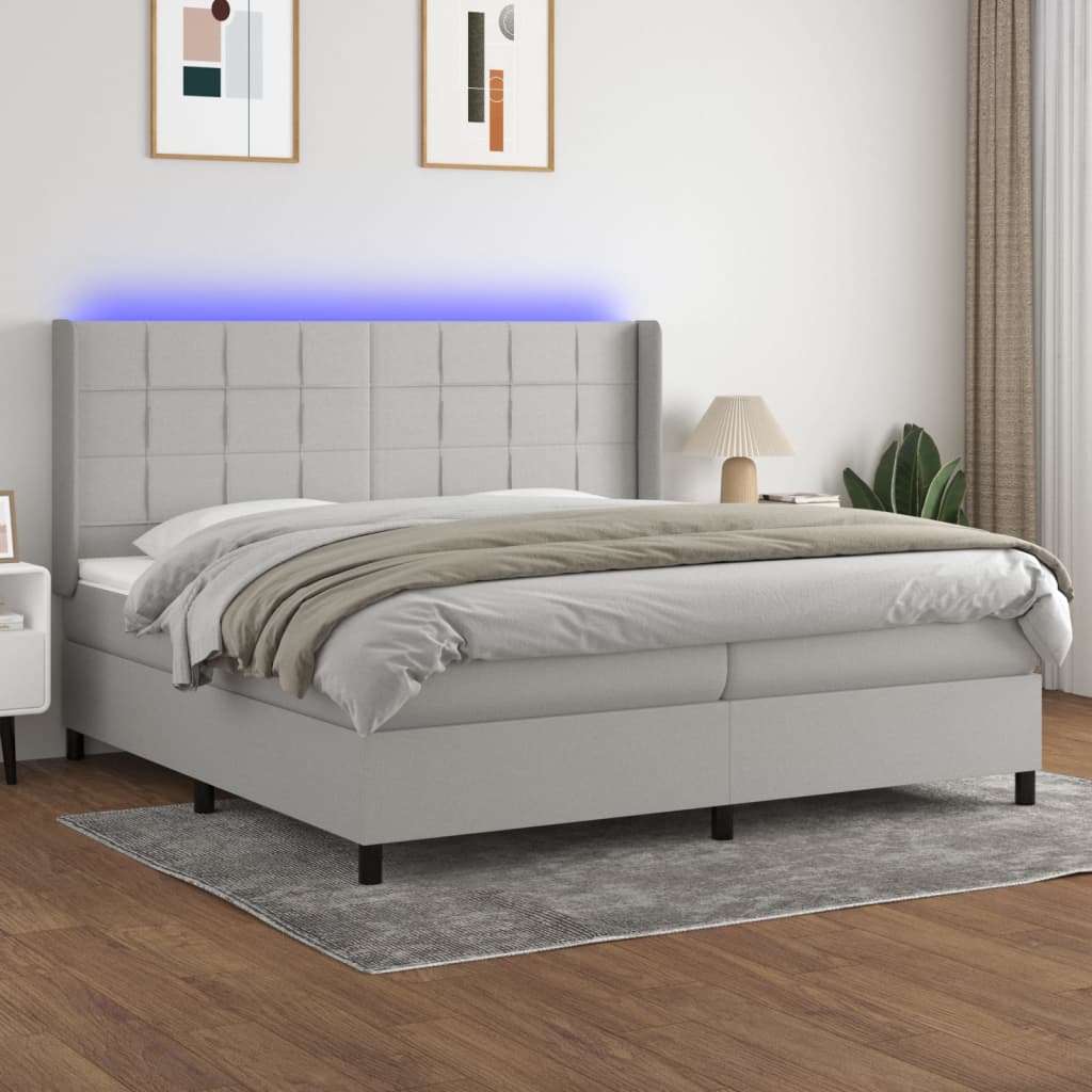 Sommier tapissier matelas et LED Gris clair 200x200 cm Tissu