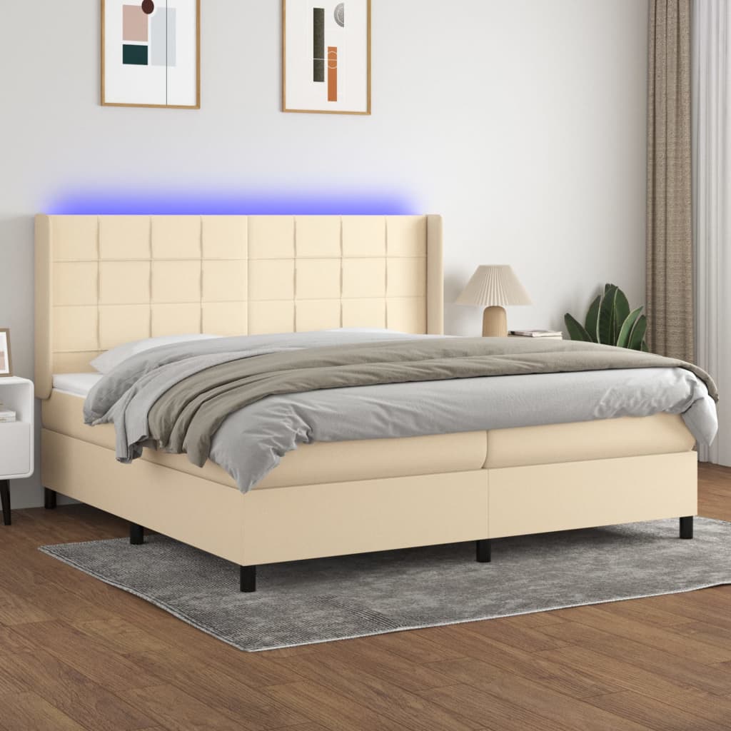 Sommier tapissier et matelas et LED Crème 200x200 cm Tissu
