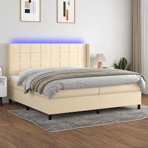 Box spring postel s matrací a LED krémová 200x200 cm textil - obrázek 1