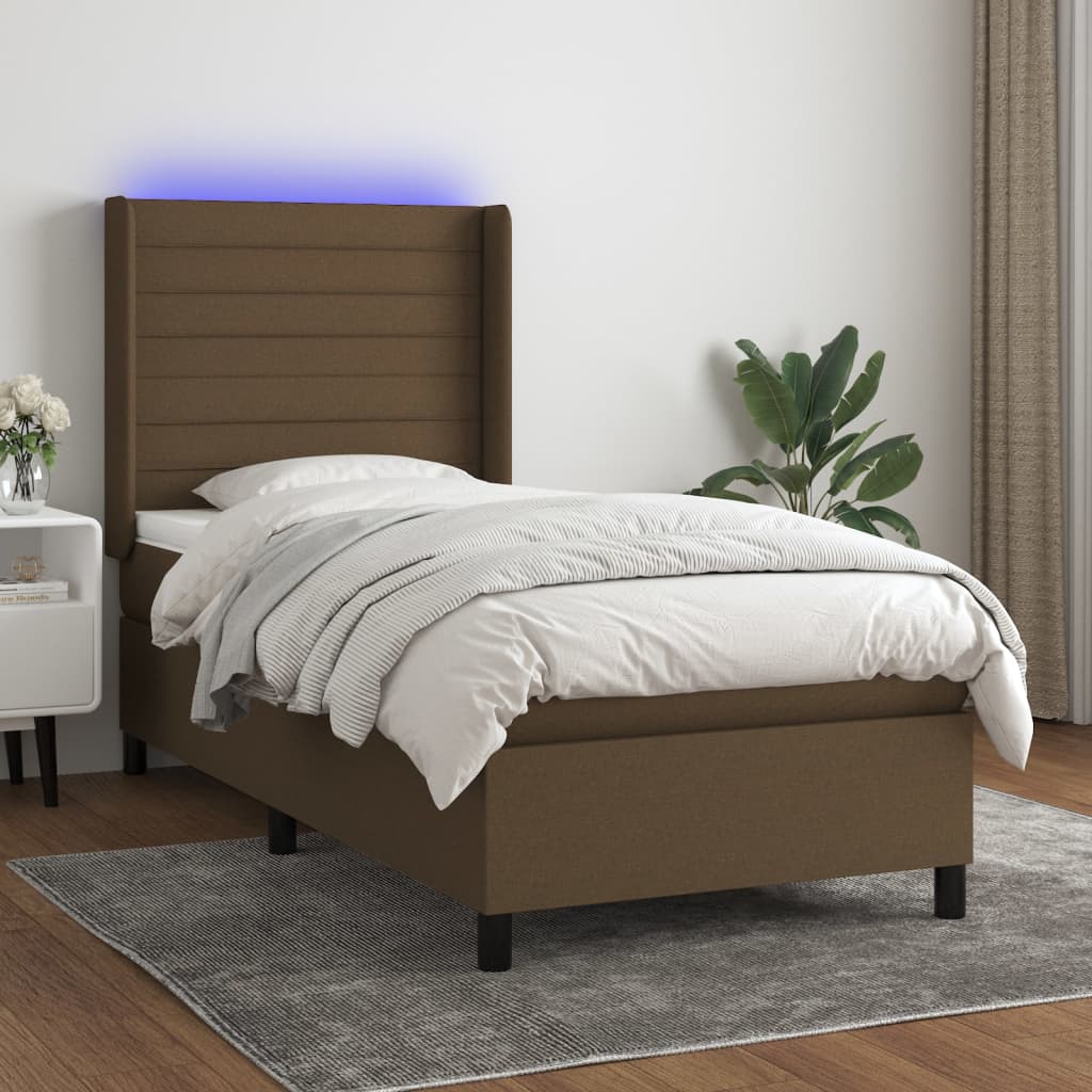 Barna szövet rugós és LED-es ágy matraccal 80 x 200 cm 
