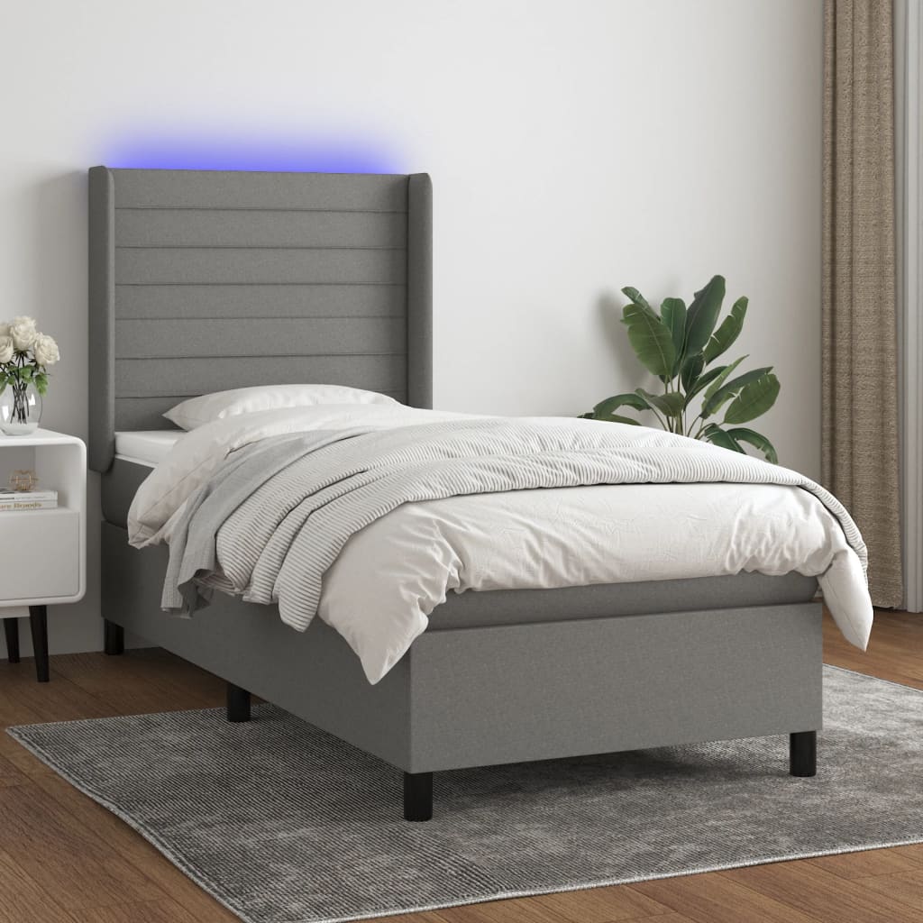 Box spring postel s matrací a LED tmavě šedá 90x190 cm textil