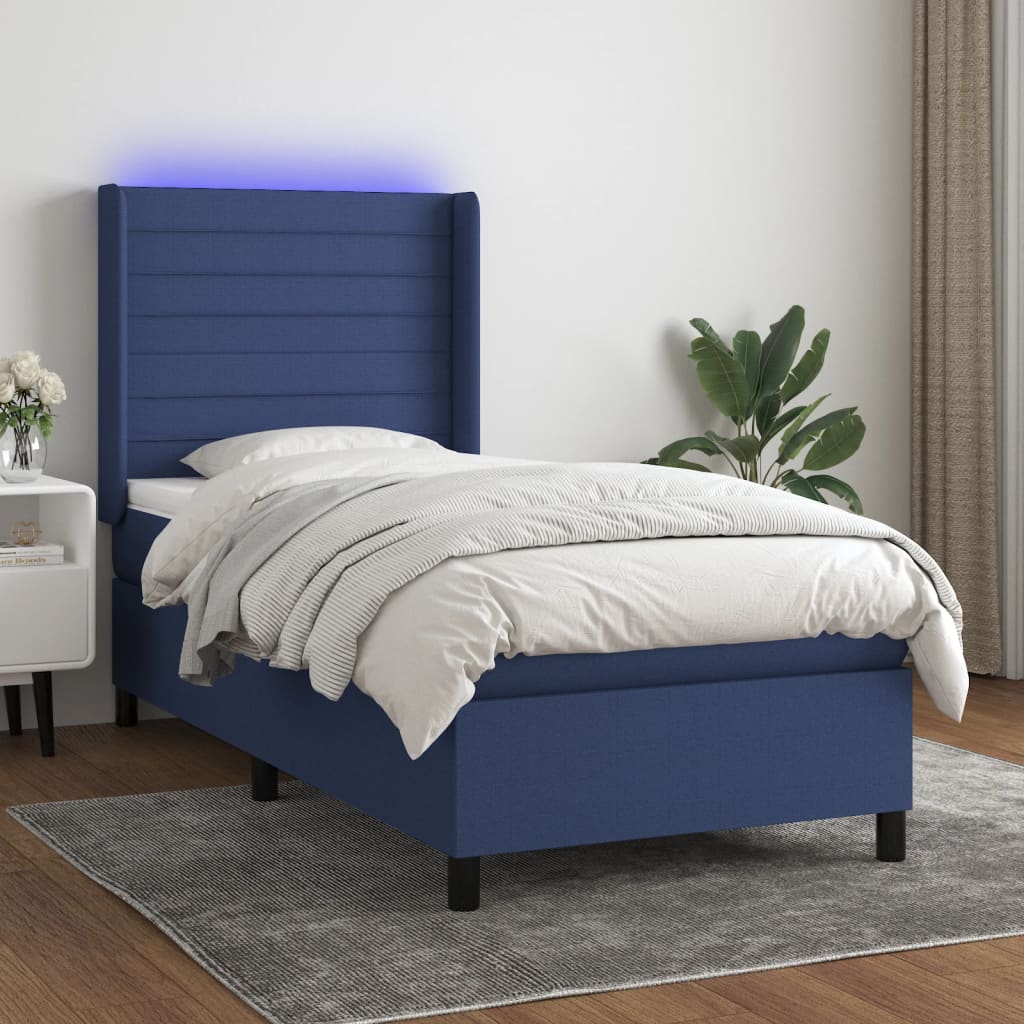 Box spring postel s matrací a LED modrá 90x190 cm textil