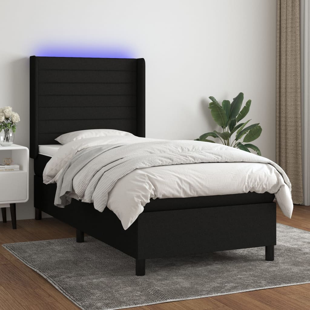 Box spring postel s matrací a LED černá 100x200 cm textil