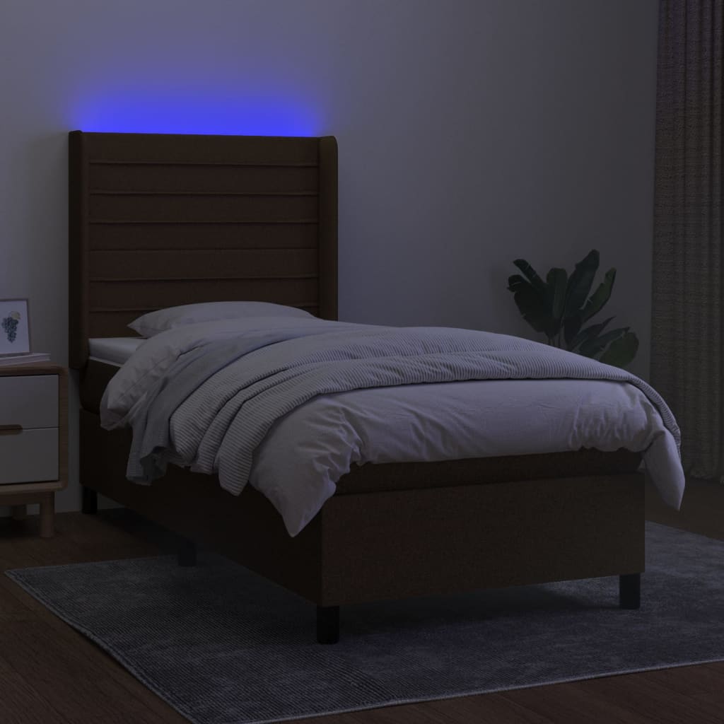 vidaXL Boxspring met matras en LED stof donkerbruin 100x200 cm afbeelding