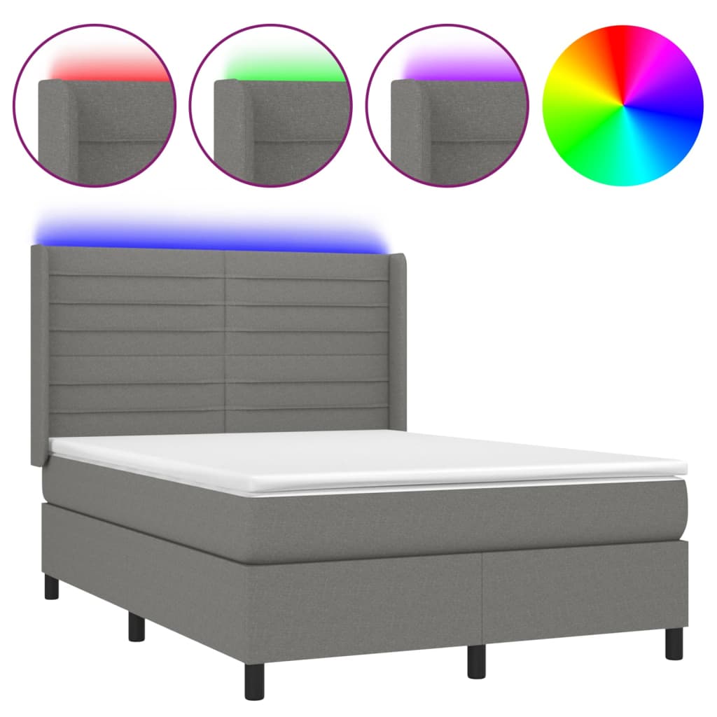 vidaXL Box spring postelja z vzmetnico LED temno siva 140x190 cm blago