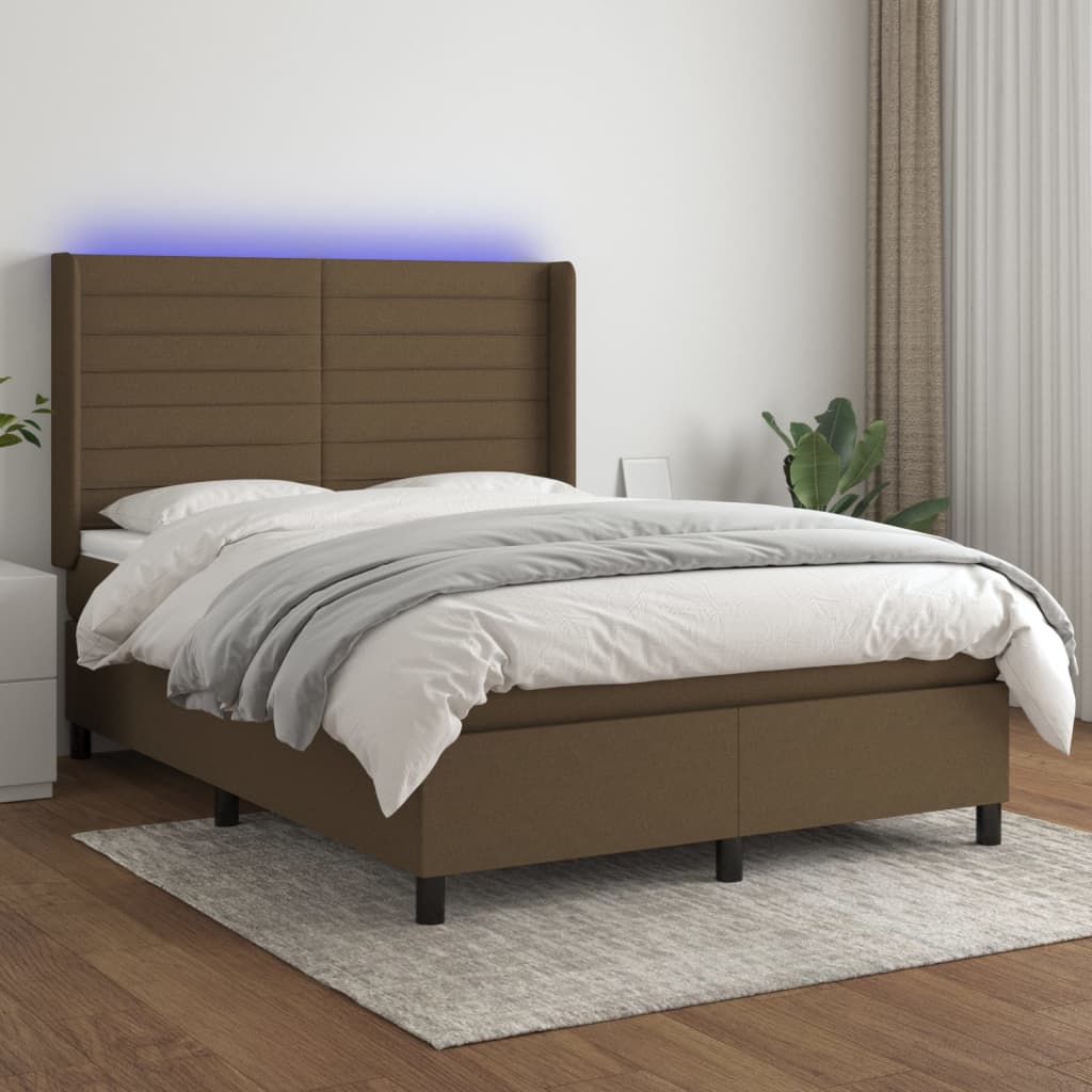 Sommier tapissier matelas et LED Marron foncé 140x190 cm Tissu