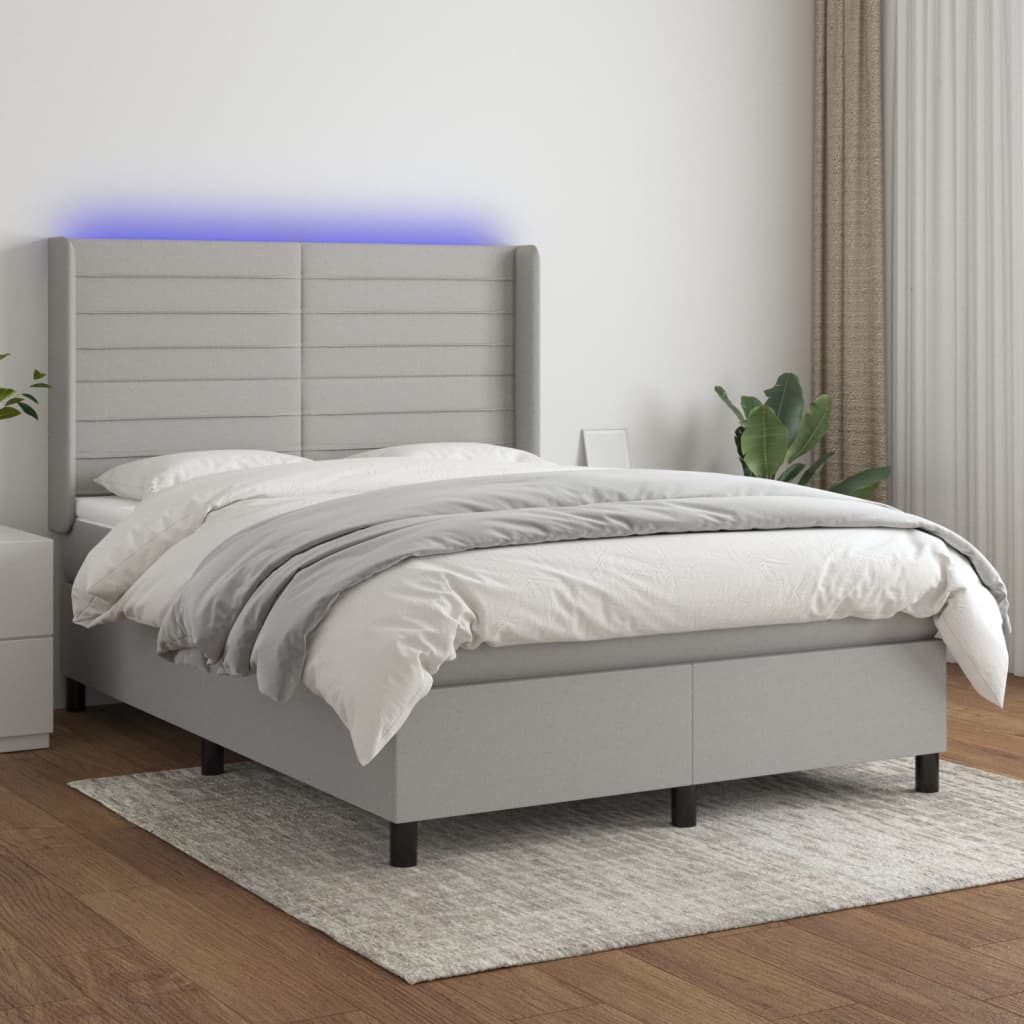 Box spring postel s matrací a LED světle šedá 140x200 cm textil