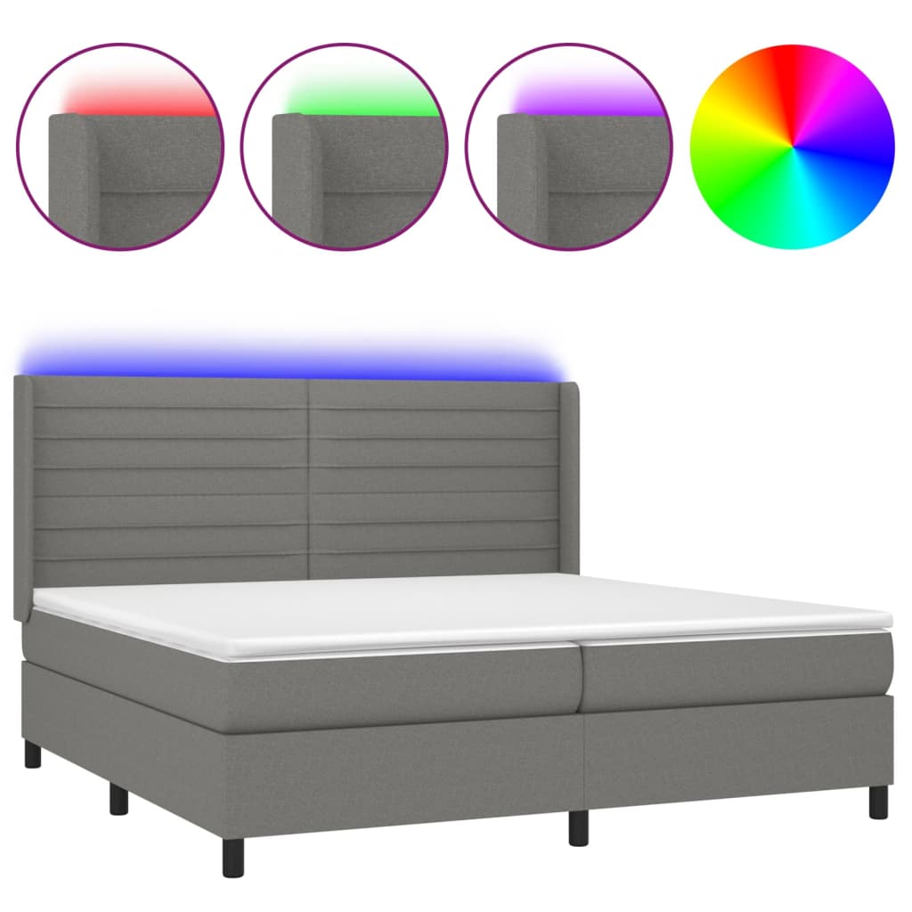 vidaXL Box spring postelja z vzmetnico LED temno siva 200x200 cm blago