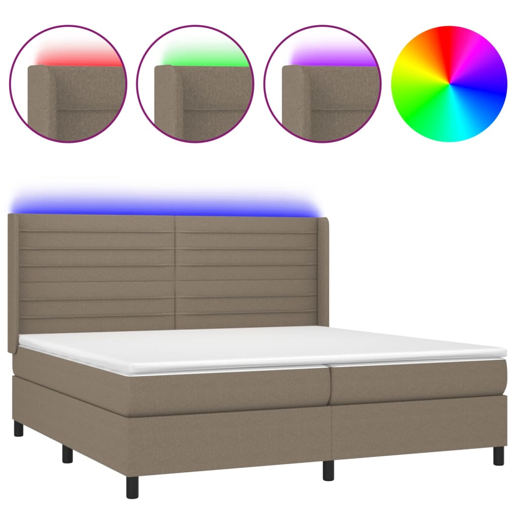 vidaXL Box spring postelja z vzmetnico LED taupe 200x200 cm blago