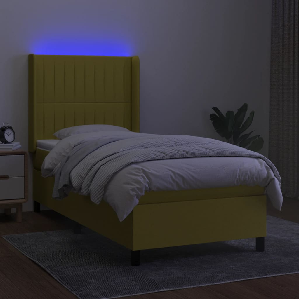 Zöld szövet rugós és LED-es ágy matraccal 80 x 200 cm 