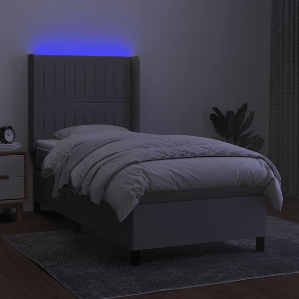 Box spring postel s matrací a LED světle šedá 90x190 cm textil