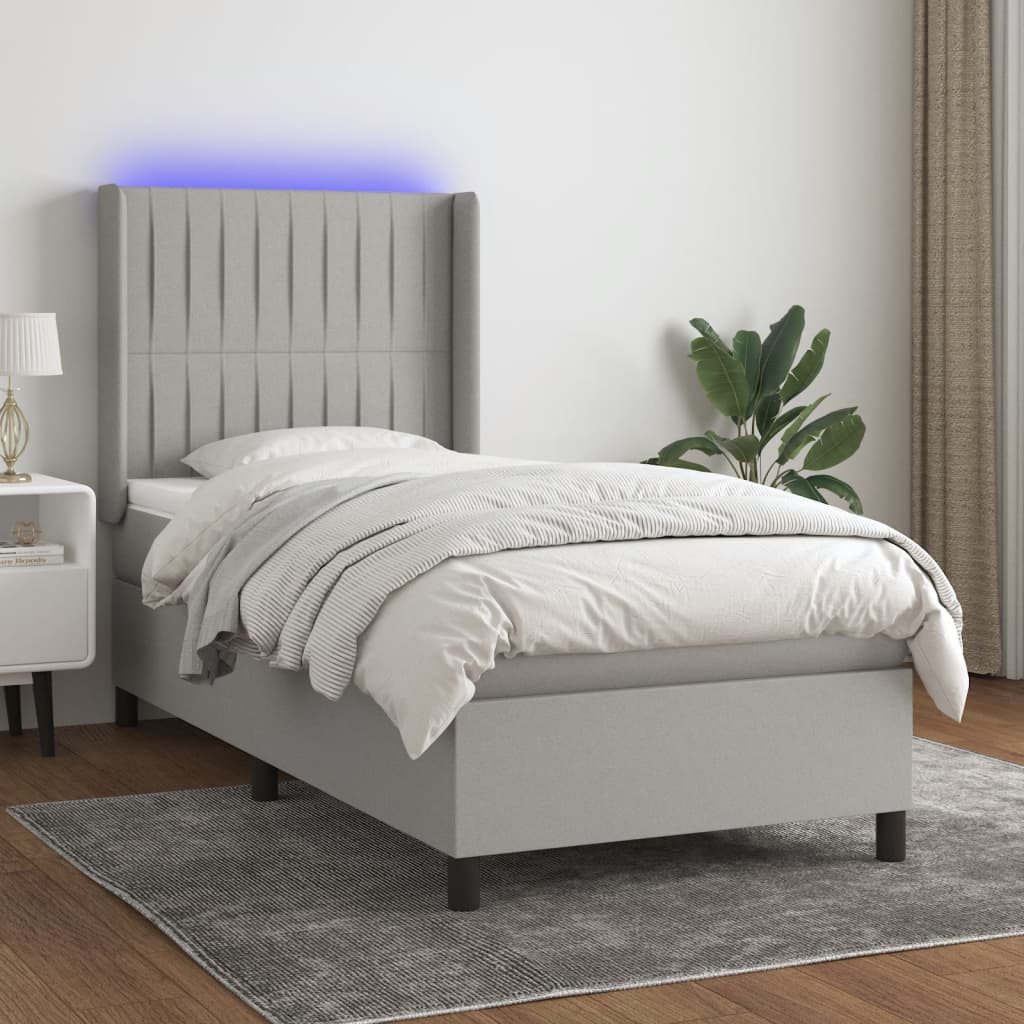 Box spring postel s matrací a LED světle šedá 90x190 cm textil