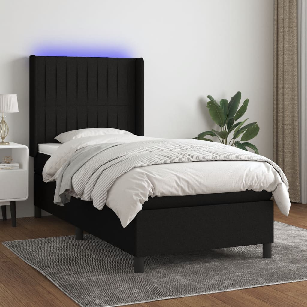 Box spring postel s matrací a LED černá 90x190 cm textil