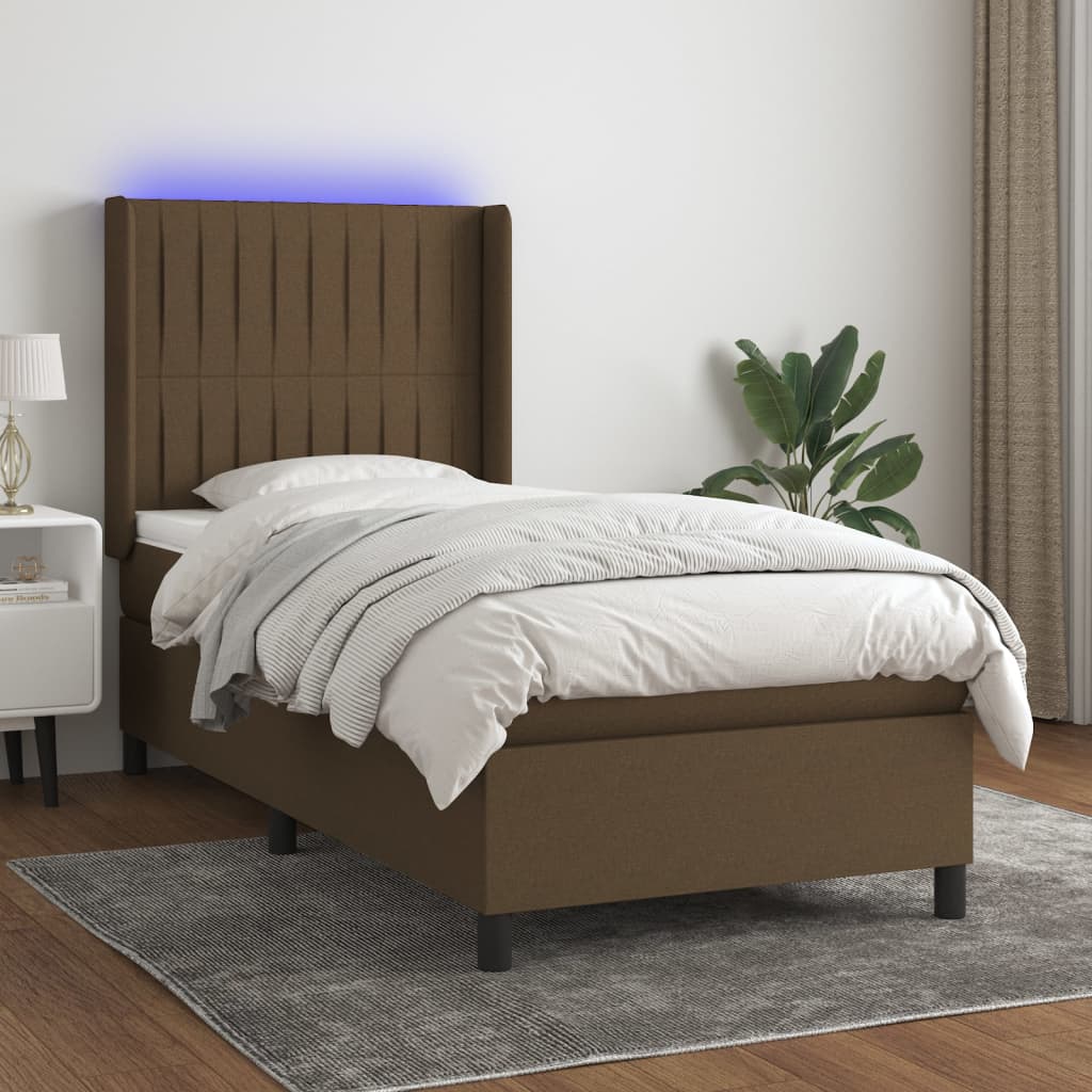 Box spring postel s matrací a LED tmavě hnědá 90x190 cm textil