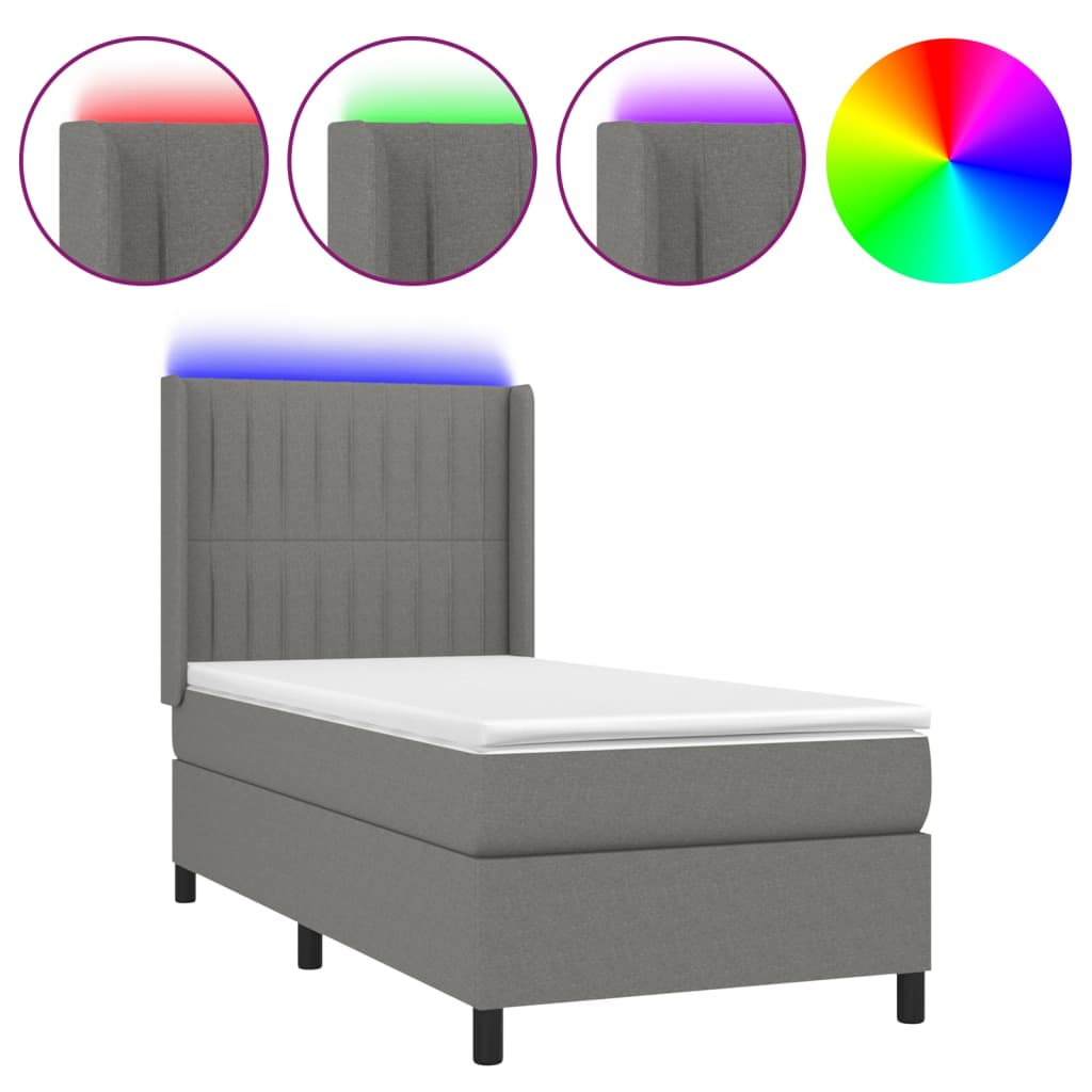 vidaXL Boxspring met matras en LED stof donkergrijs 90x200 cm