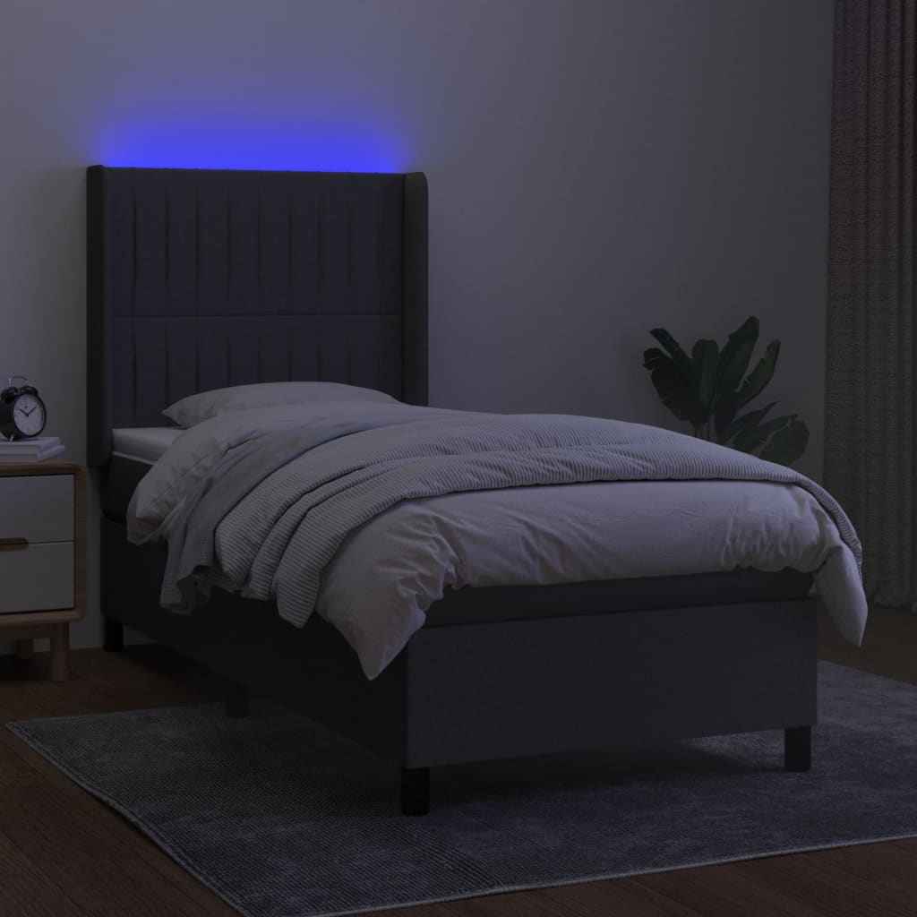 sötétszürke szövet rugós és LED-es ágy matraccal 90x200 cm