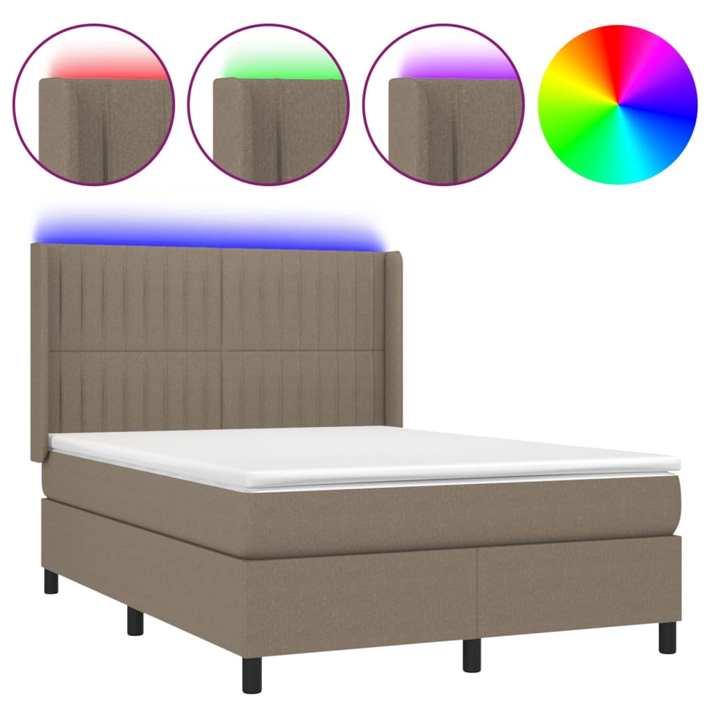 vidaXL Box spring postelja z vzmetnico LED taupe 140x190 cm blago