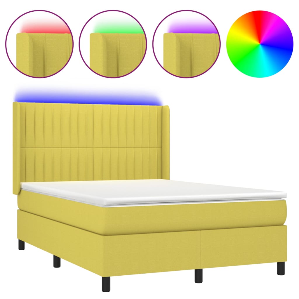 Zöld szövet rugós és LED-es ágy matraccal 140x190 cm 