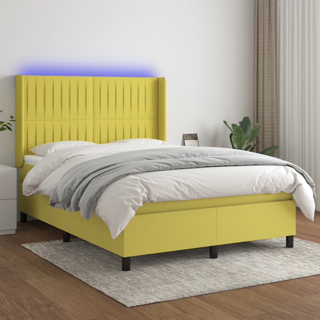 Zöld szövet rugós és LED-es ágy matraccal 140x200 cm 