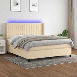 Box spring postel s matrací a LED krémová 180x200 cm textil - obrázek 1