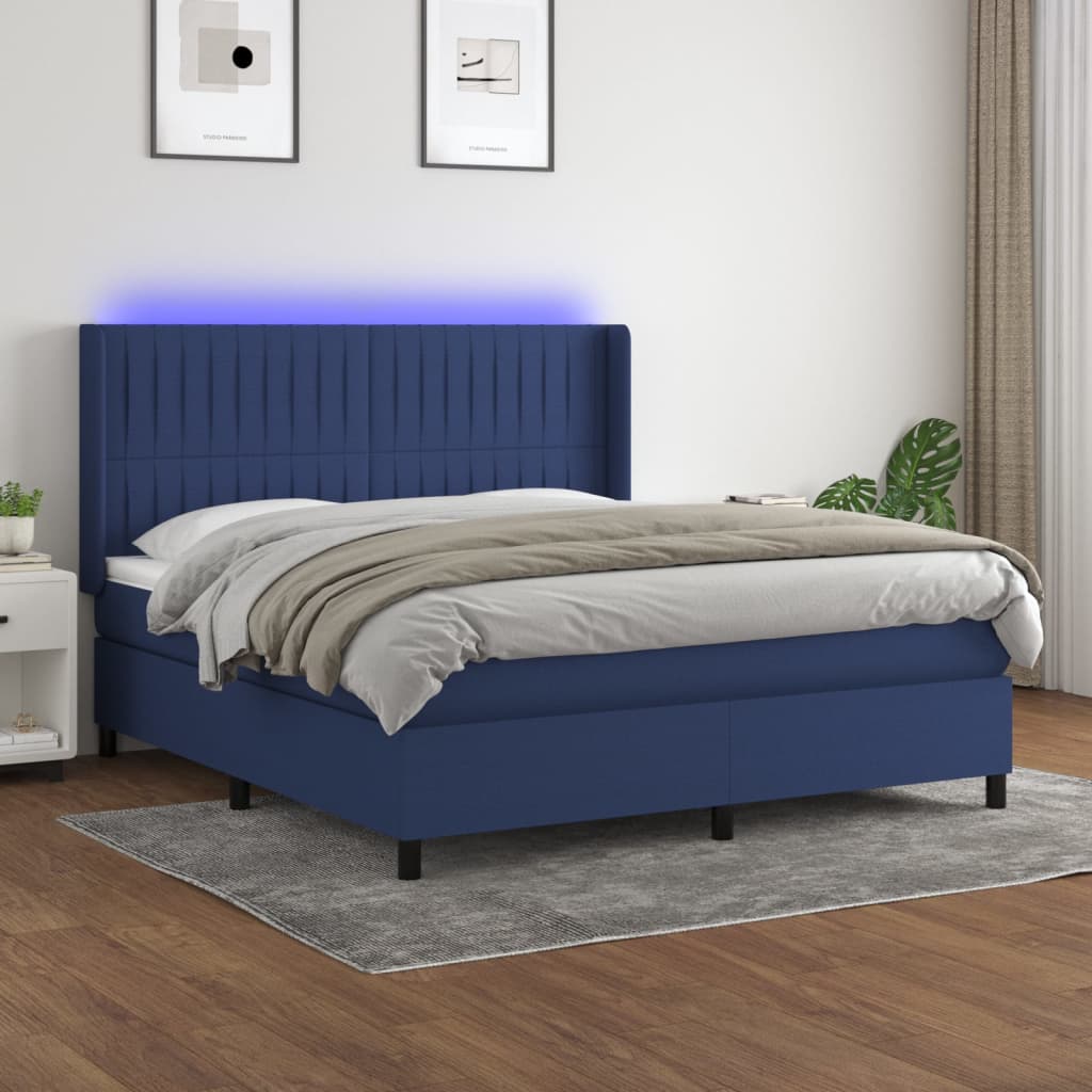 Box spring postel s matrací a LED modrá 180x200 cm textil