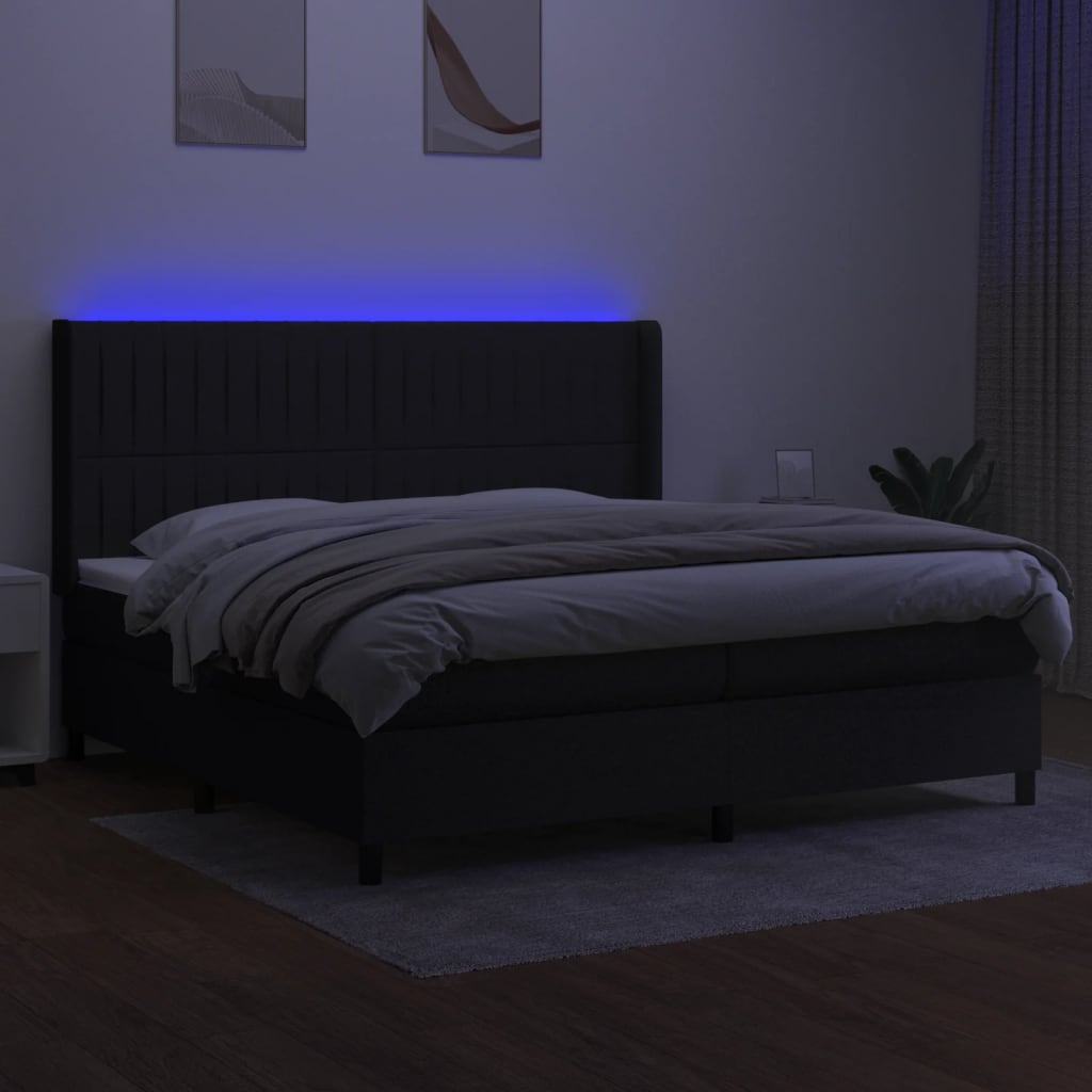 Fekete szövet rugós és LED-es ágy matraccal 200x200 cm 