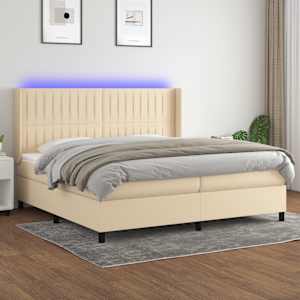Box spring postelja z vzmetnico LED krem 200x200 cm blago